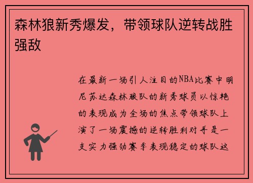森林狼新秀爆发，带领球队逆转战胜强敌